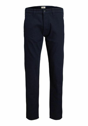Mornarsko modri bombažni chinos hlače s ravnim krojem, ki imajo gumb in zadrgo, pasne zanke ter gladko teksturo.