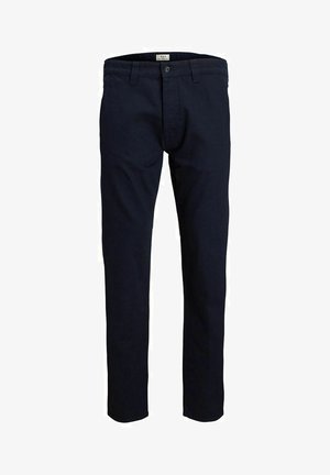 Mornarsko modri bombažni chinos hlače s ravnim krojem, ki imajo gumb in zadrgo, pasne zanke ter gladko teksturo.