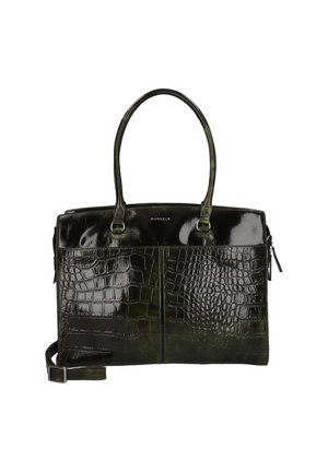 Schwarze glänzende Lederhandtasche mit Krokodilstruktur, zwei Griffen, einem abnehmbaren Riemen und kleinem Markenlogo vorne.