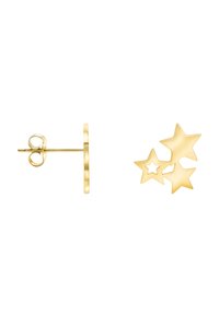 Boucles d'oreilles en or avec un fermoir circulaire et trois accents en forme d'étoile de tailles variées, texture lisse et finition brillante.