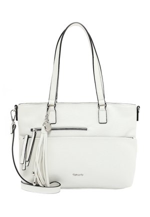 Biała skórzana torebka z podwójnymi paskami na ramię, przednią kieszenią na suwak, ozdobą z frędzli oraz odpinanym paskiem na ramię.