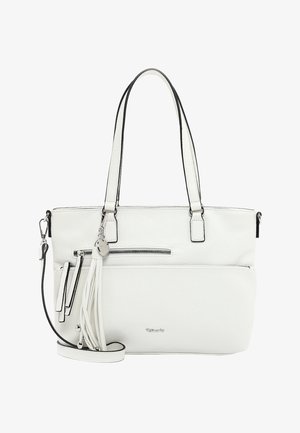 Bolso de mano de cuero blanco con doble asa para el hombro, bolsillo delantero con cremallera, detalle de borla y correa bandolera desmontable.