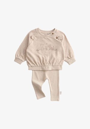Beige tvådelat barnoutfit med en långärmad sweatshirt med broderade djurmotiv och knappelement, i kombination med räfflade leggings.