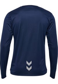 Langarm sportshirt van donker marineblauwe stof, met een gemêleerd oppervlak en drie grijze chevrons op de onderrug als ontwerpelement.