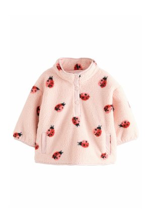 Fleece-Pullover in Rosa mit Marienkäfer-Muster. Verfügt über einen hohen Kragen, Druckknöpfe und seitliche Taschen. Weiches, strukturiertes Material.