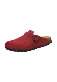 Red felt clogs with a ribbed texture, featuring a black adjustable buckle and a cork footbed on a black rubber sole.