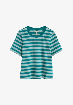 T-shirt a righe turchesi con maniche corte, caratterizzata da strisce alternate chiare e scure, collo rotondo e vestibilità comoda.