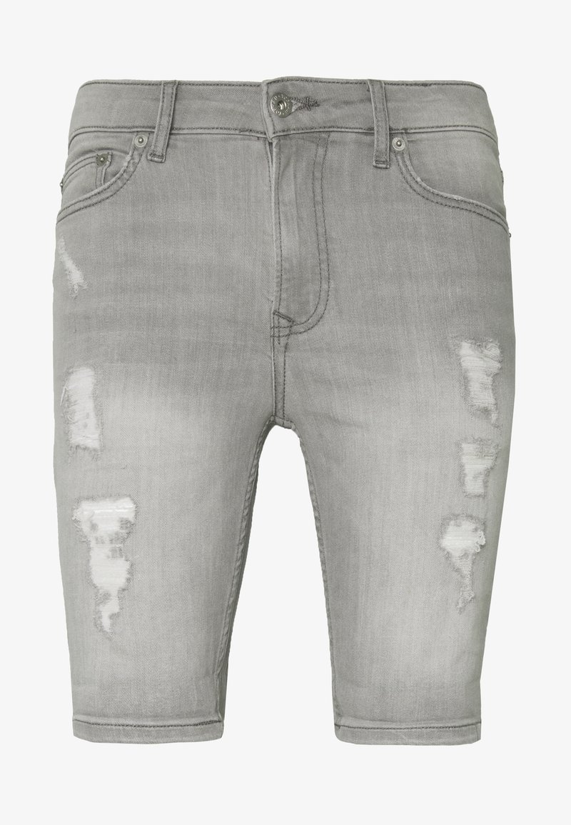 Shorts en denim gris clair avec des zones usées sur les cuisses avant, fermeture par bouton et fermeture éclair, et style à cinq poches.
