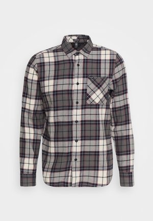 Langärmliges Hemd mit Knopfleiste, kariert in Grau, Weiß und Dunkelrot, mit Brusttasche und Kragen.