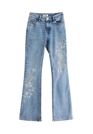 Lyseblå denimjeans med vidde bukseben og broderede blomster mønstre på begge ben, med knappelukning og lynlås.