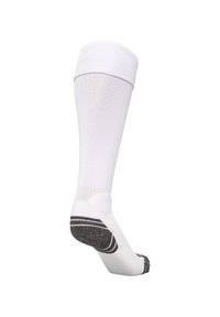 Hvide sportsokker med ribbet top, struktureret stof og sort stribe på hælen. Design med mellemlangt skaft.