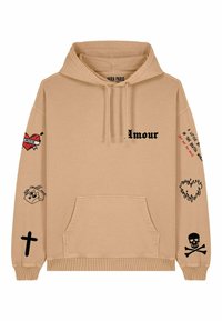 Felpa beige con tasca a marsupio, caratterizzata da testo nero e varie grafiche stampate tra cui un cuore, un teschio e una croce sulle maniche.