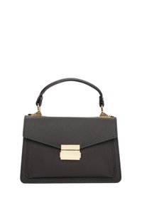 Szara skórzana torebka o zorganizowanej konstrukcji, z górnym uchwytem, złotymi elementami metalowymi oraz klapą zamykaną na prostokątny zamek.