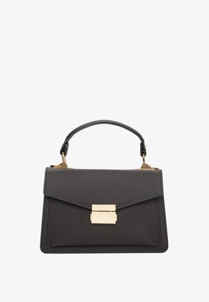 Grijze leren handtas met een gestructureerd ontwerp, voorzien van een bovenhandvat, gouden hardware en een klep met een rechthoekige sluiting.