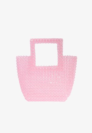 Różowa torba na ramię wykonana z przezroczystych okrągłych koralików z kwadratowym, koralikowym uchwytem.