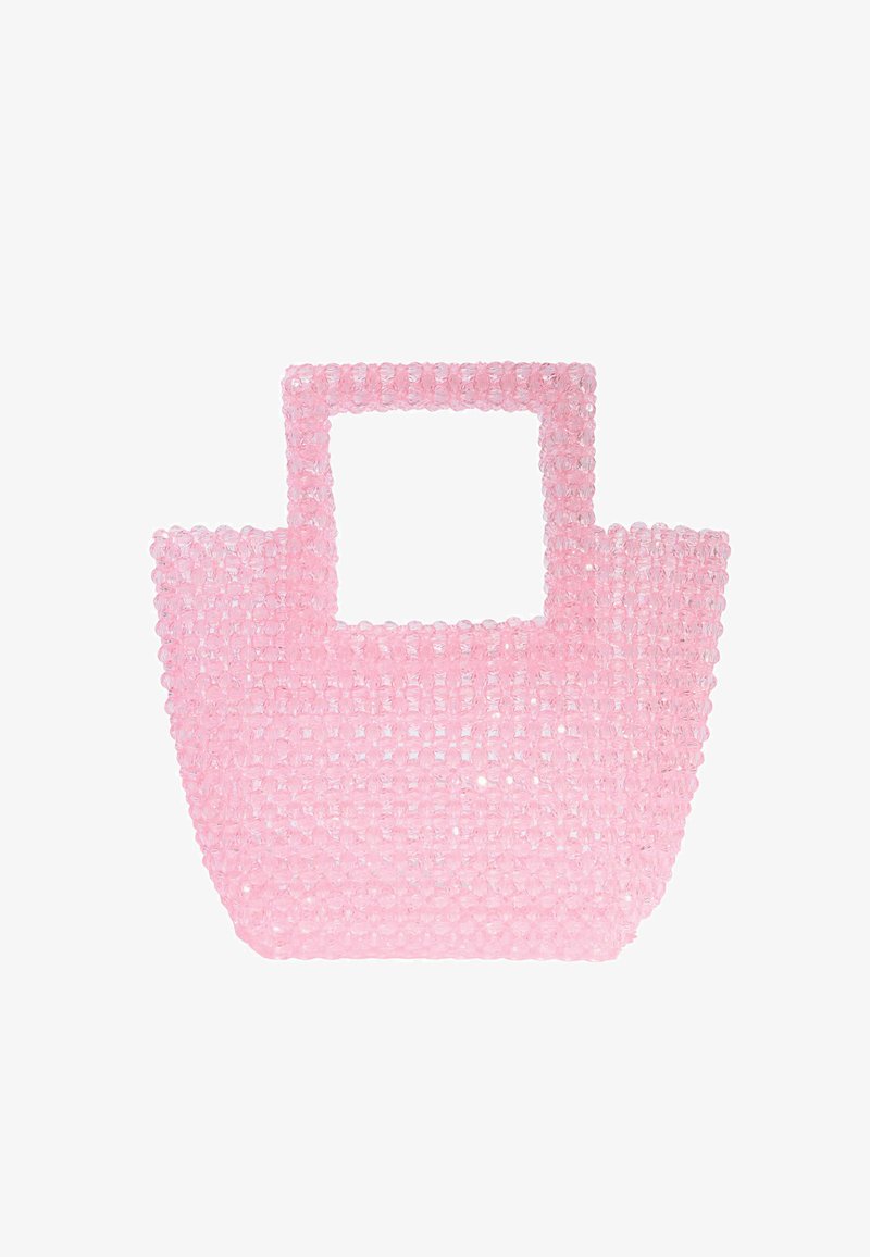 Rožinė nešiojimo rankinė, pagaminta iš permatomų apvalių karoliukų, su kvadrato formos karoliukų rankena.