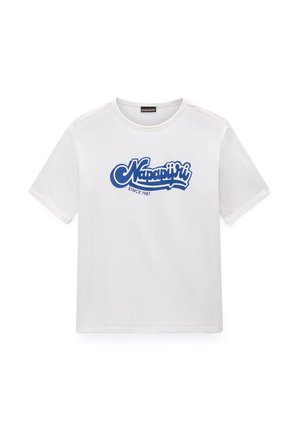 T-shirt blanc à manches courtes avec logo bleu « Napapijri Since 1987 » centré sur le devant, col rond.
