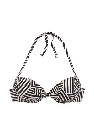 Black and white geometric striped bikini top with halter neck straps tied at the back and padded cups.