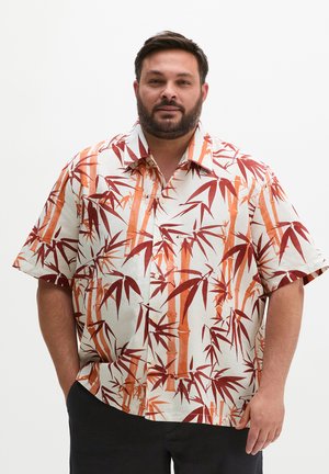 Mężczyzna z brodą w koszuli z krótkim rękawem zapinanej na guziki z pomarańczowo-brązowym wzorem liści bambusa, stojący z jedną ręką w kieszeni.