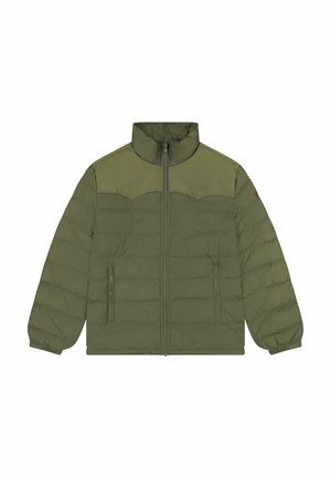 Giubbotto imbottito verde oliva con colletto alto, chiusura con zip e due tasche frontali. Presenta un design trapuntato e pannelli a contrasto sulle spalle.