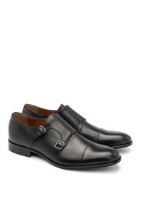 Czarne skórzane buty na formalne okazje o eleganckim designie, z podwójnymi klamrami i gładką fakturą. Okrągły nosek i niski obcas dla wytworności.