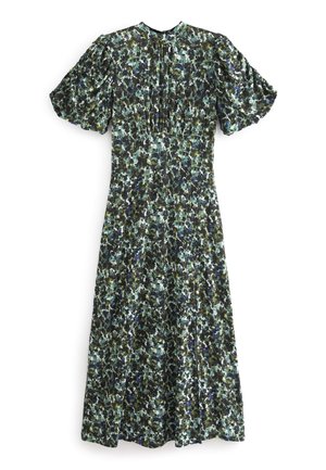 Midi dress with puff sleeves, high neckline, and abstract floral print in green, black, blue, and white tones.