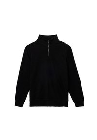 Zwarte pullover sweatshirt met een hoge nek en een kwart-rits aan de voorkant. Gemaakt van zachte stof, met lange mouwen en geribde manchetten.