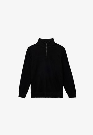 Zwarte pullover sweatshirt met een hoge nek en een kwart-rits aan de voorkant. Gemaakt van zachte stof, met lange mouwen en geribde manchetten.