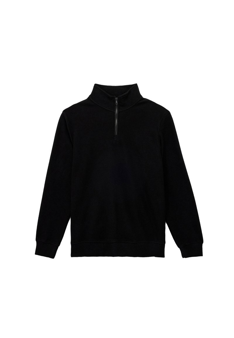 Zwarte pullover sweatshirt met een hoge nek en een kwart-rits aan de voorkant. Gemaakt van zachte stof, met lange mouwen en geribde manchetten.