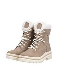 Tansuede-Ankle-Boots mit weißem Kunstfellfutter, runder Zehenpartie, Metallösen, weißen Schnürsenkeln und einer klobigen weißen Gummisohle.