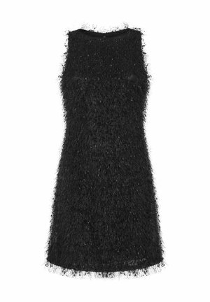 Schwarzes ärmelloses Kleid aus fuzzy-texturiertem Material, mit Rundhalsausschnitt und lockerer Passform, ausgestattet mit geradem Saum.
