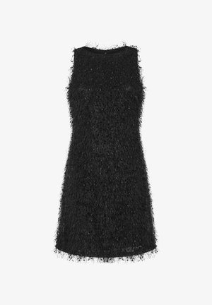 Abito nero senza maniche realizzato in materiale dalla texture morbida, con scollatura rotonda e vestibilità ampia, caratterizzato da un orlo dritto.