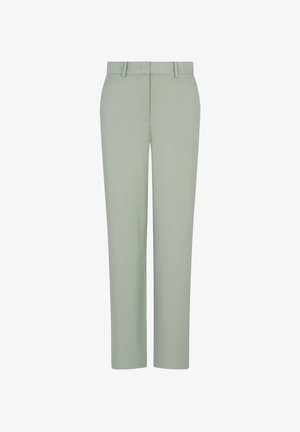 Pantaloni verde chiaro con una trama liscia, slim fit, gambe dritte, passanti per cintura e design su misura. Nessun motivo o accento visibile.