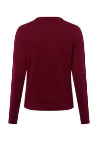 Pull en maille bordeaux, manches longues, encolure arrondie, texture légère, poignets et ourlet côtelés, design uni sans ornements.