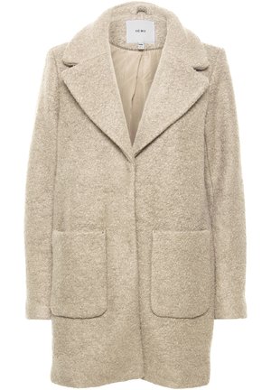 Beige gyapjú keverék kabát, kiemelt gallérral, két elülső zsebbel és puha, texturált felülettel. Nyitott elülső rész és bélés nélküli belső. 