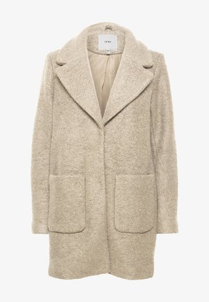 Beige gyapjú keverék kabát, kiemelt gallérral, két elülső zsebbel és puha, texturált felülettel. Nyitott elülső rész és bélés nélküli belső.
