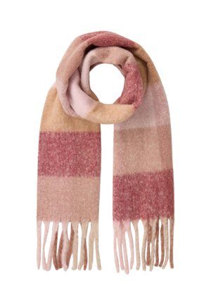 Wollen sjaal met een geruit patroon in tinten roze, rood en beige, voorzien van franjes en een zachte, donzige textuur.
