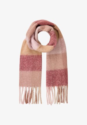 Écharpe en laine présentant un motif à carreaux dans des nuances de rose, rouge et beige, avec des bords frangés et une texture douce et pelucheuse.