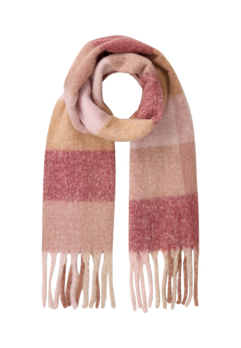 Sciarpa di lana con motivo a quadri in tonalità di rosa, rosso e beige, con bordi frangiati e una consistenza morbida e pelosa.