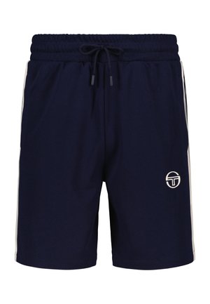 Pantaloni sportivi blu scuro con vita elastica e cordoncino. Presentano strisce laterali bianche e un logo sulla parte bassa anteriore sinistra.