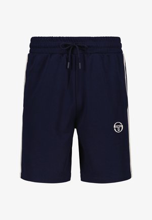 Dunkelblaue Sportshorts mit elastischem Bund und Kordelzug. Mit weißen Seitenstreifen und einem Logo auf der unteren Vorderseite links.