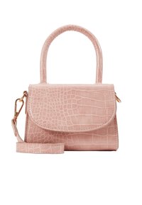 Borsa a tracolla in ecopelle rosa con texture coccodrillo, manico superiore, tracolla rimovibile e chiusura a flap con dettaglio in oro.