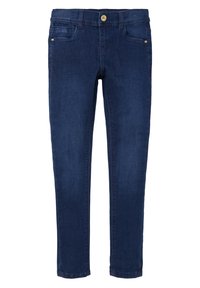 Vaqueros de mezclilla azul oscuro con corte ajustado, diseño de cinco bolsillos, cierre de botón y detalles de costura sutiles a lo largo de las costuras.