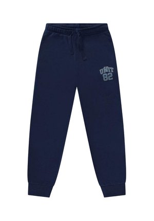 Navy blue sweatpants with elastic waistband, drawstring, cuffed ankles, and "UNIT 82" text on upper left leg.