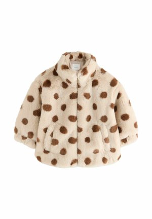 Veste en fausse fourrure crème avec de grands pois marron, dotée d'un col montant, d'une fermeture éclair sur le devant et de poches latérales. Texture douce et moelleuse.