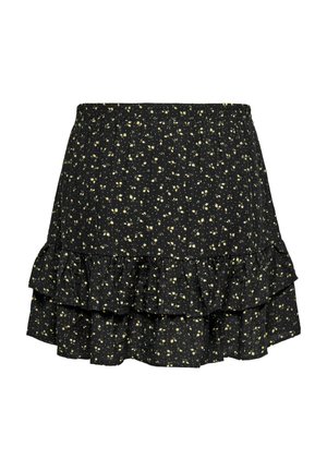 Must mini seelik väikese kollase lillemustriga, elastse vöökohaga ja kihilise volangilise äärega.