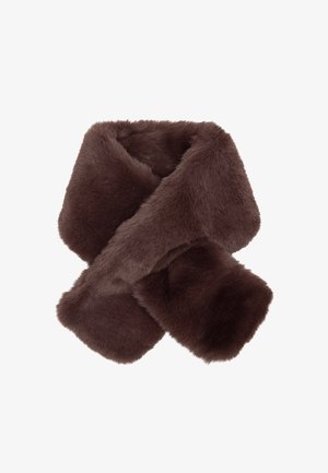 Brązowy sztuczny szal futrzany, miękka tekstura, gruba konstrukcja, prostokątny kształt, charakteryzujący się puszystym, jednolitym kolorem bez widocznych wzorów czy akcentów.