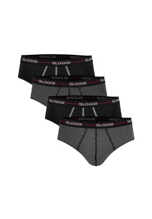 Vier Herrenslips in Schwarz und schwarz-weißen dünnen Streifen, jeweils mit einem schwarzen Bund, der mit "SLOGGI" in Weiß und roten Akzenten gebrandet ist.