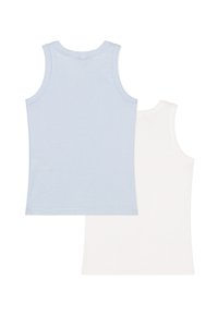 Two tank tops: one light blue with thin horizontal stripes, the other plain white. Both made of soft, breathable fabric.