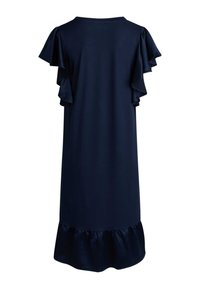 Tamsiai mėlynas trumpomis rankovėmis suknelė su volanų rankovėmis ir volanų apačia. Pagaminta iš lygaus, minkšto audinio su laisvu siluetu.